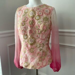 Vintage 1960s Pink Floral Embroidered Sheer Sleeve Blouse